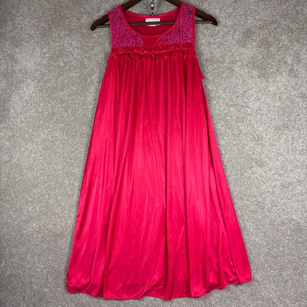 Lati Fashion Intimates Red Satin Lace Ruffle Sleeveless Nightgown Sleep Dress